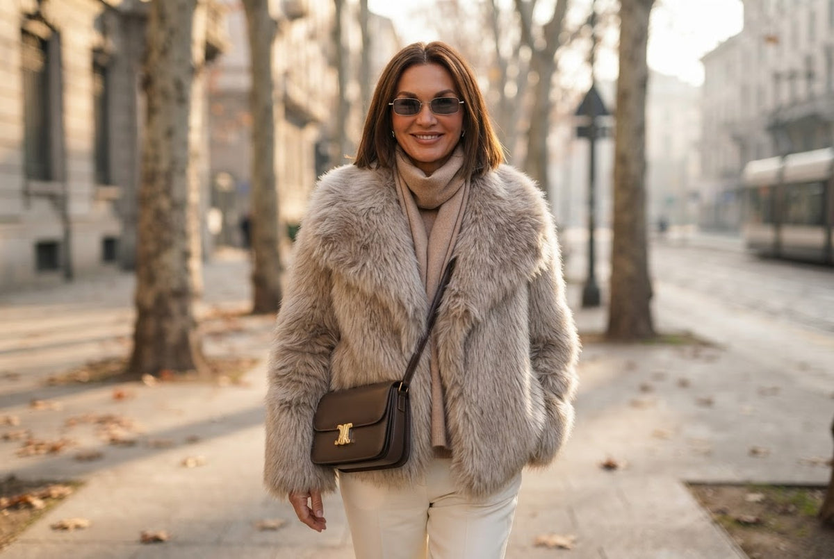 Femme portant son manteau en fausse fourrure en ville