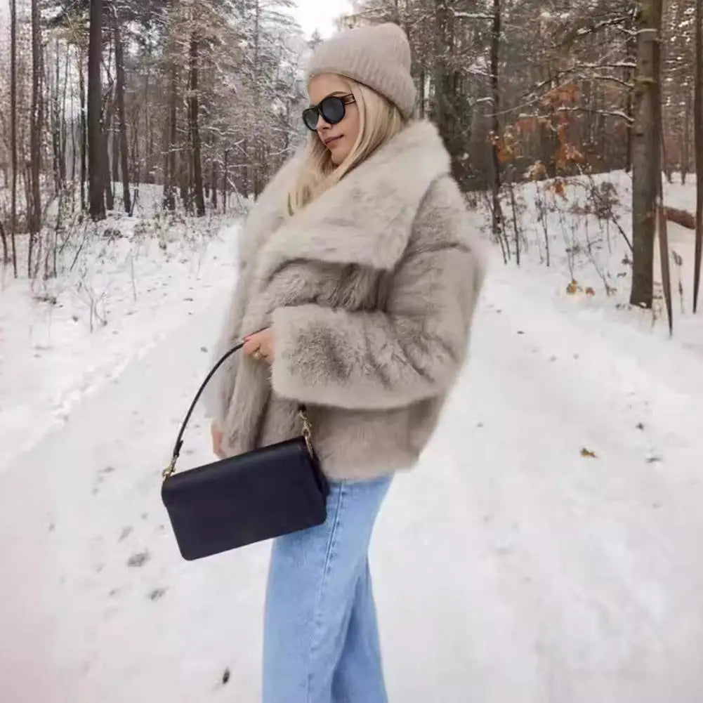 Women's Faux Fur Fuzzy Coat Casual Fluffy Long Sleeve Lapel Shaggy Jacket Winter Furry Open Front Lapel Collar Lady Short Coat